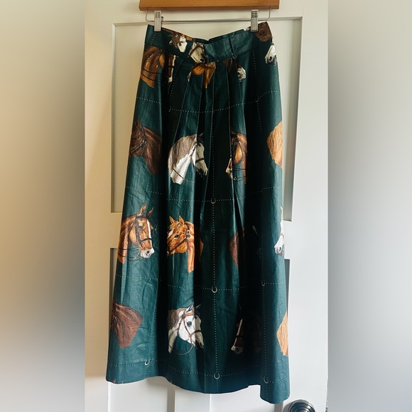 Vintage Dresses & Skirts - Vintage equestrian print hunter green maxi skirt